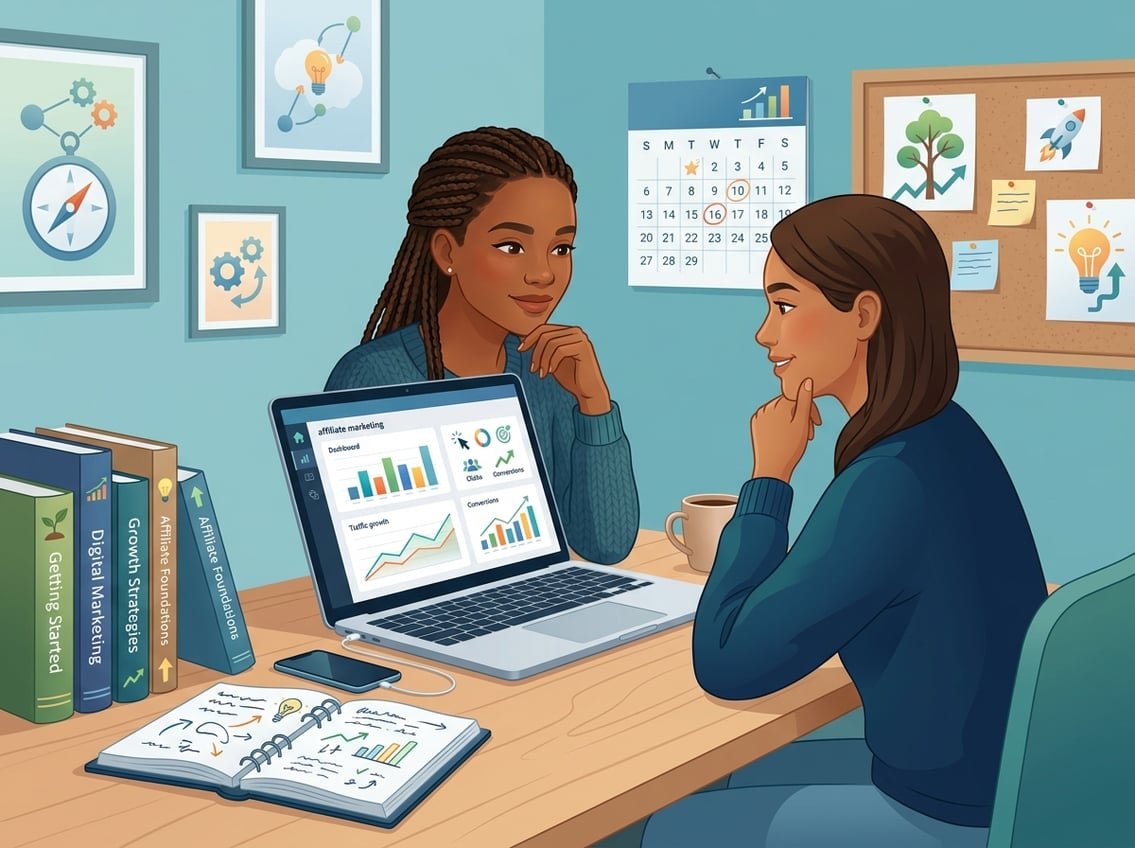 A person working at a desk with a laptop showing marketing charts, surrounded by books and notes in a calm, organized workspace.