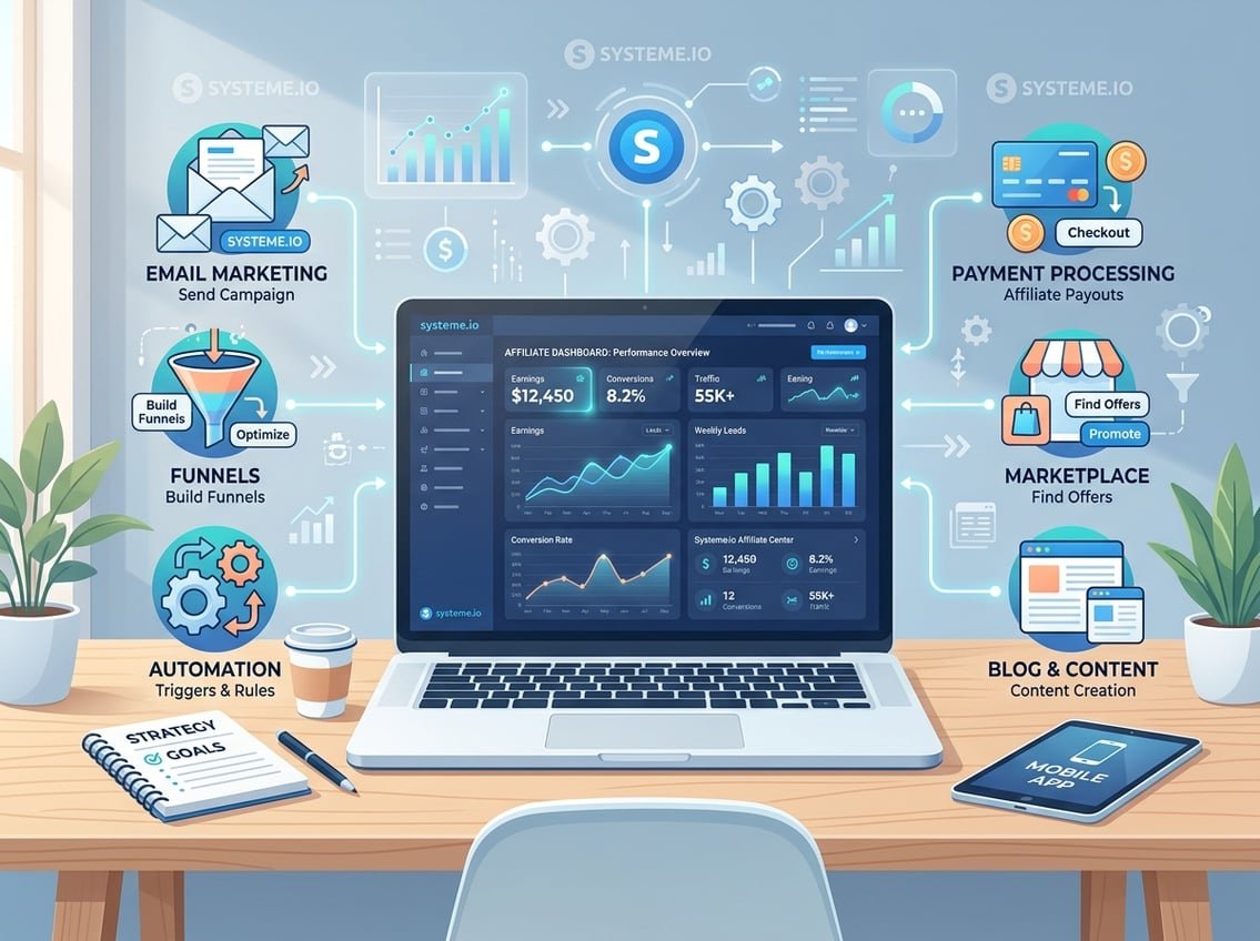 A workspace with a laptop showing graphs and icons representing affiliate marketing tools like email, automation, and payment systems.