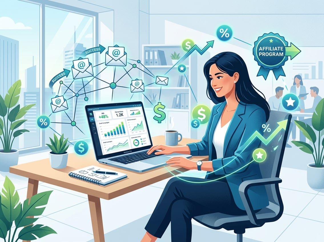 A businessperson working at a desk with a laptop showing growth charts, surrounded by symbols of email marketing and affiliate connections.