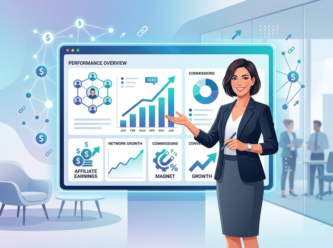A businesswoman presenting a digital dashboard with charts and icons representing growth and affiliate marketing connections.