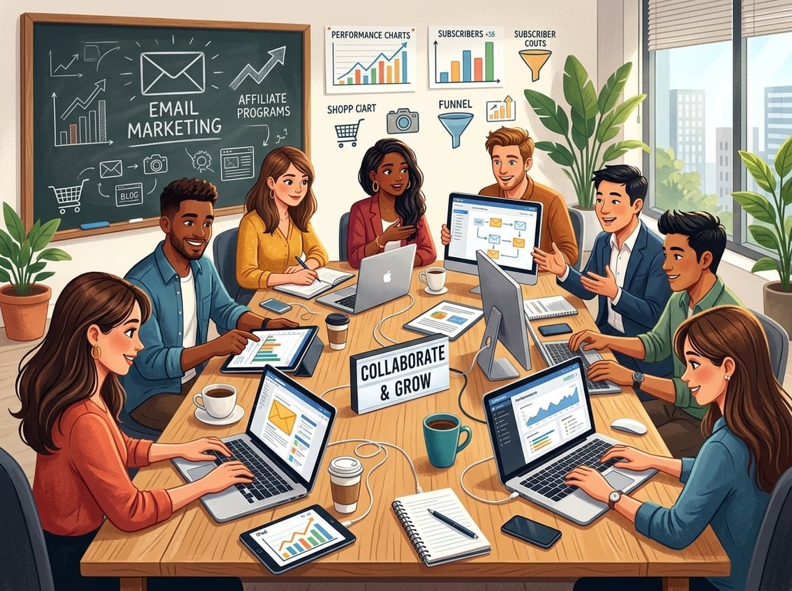 A group of diverse small business owners and digital marketers collaborating around a workspace with electronic devices and marketing icons in the background.