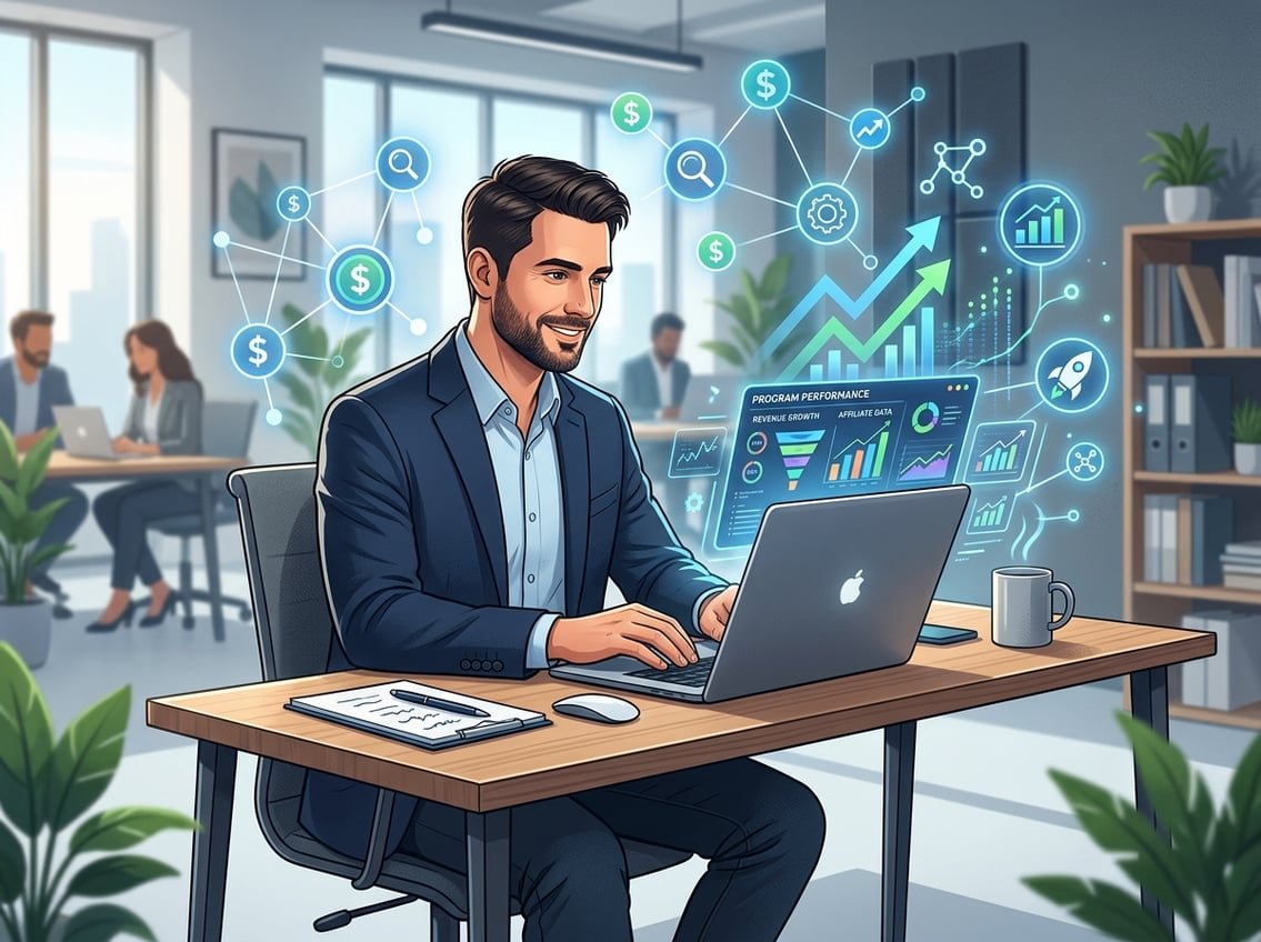 A business professional working at a desk with a laptop showing charts, surrounded by symbols representing digital marketing and affiliate programs.