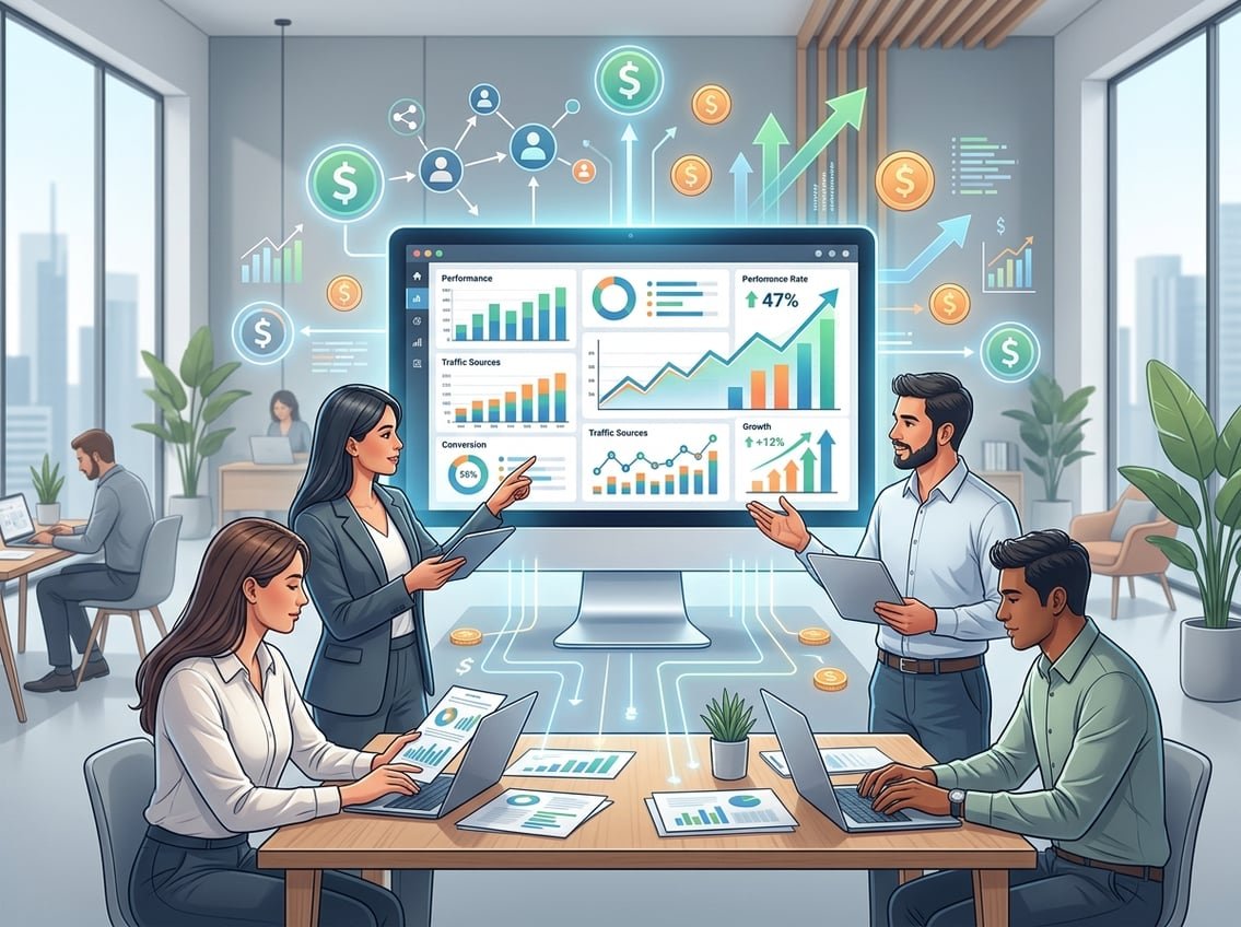 A group of professionals working together around a computer screen showing charts and graphs representing an affiliate marketing program overview.