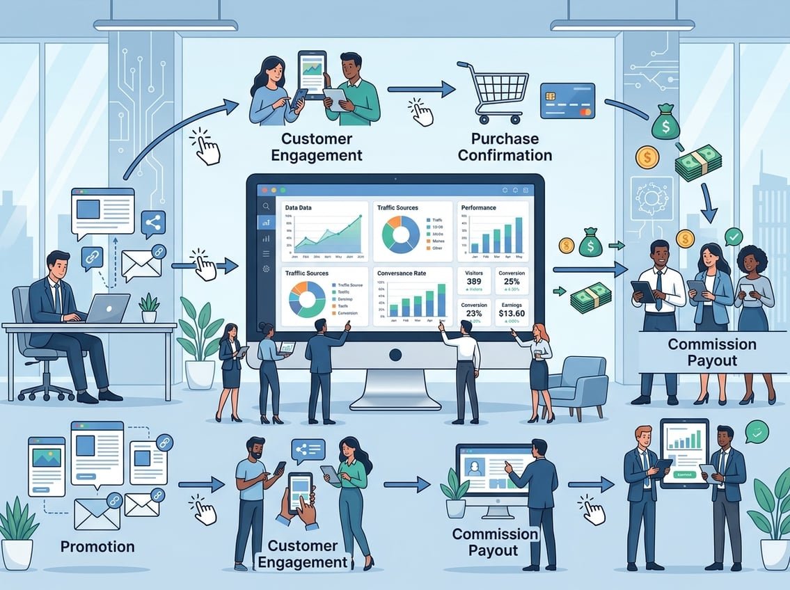 Illustration showing business professionals connected by arrows around a central computer screen displaying graphs and referral statistics, representing the workflow of an affiliate system.