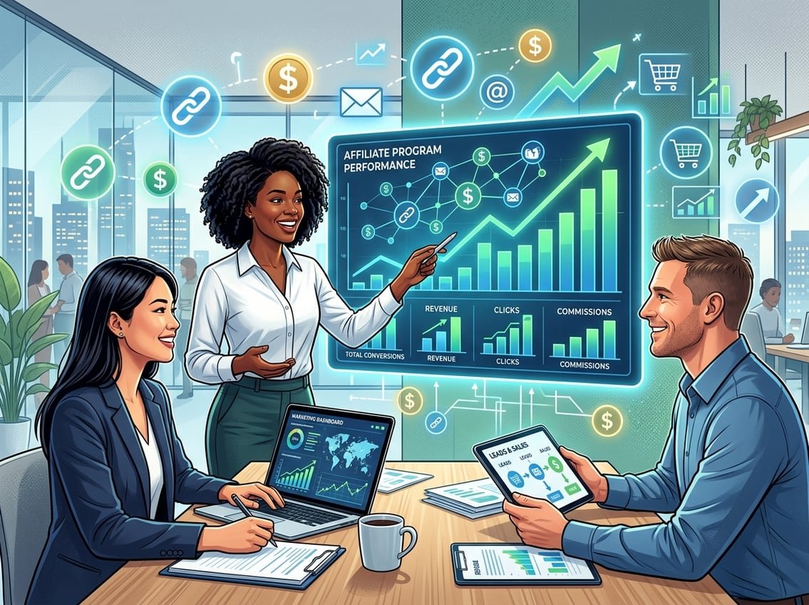 Three professionals working together around a desk with laptops and digital charts showing growth and connections.