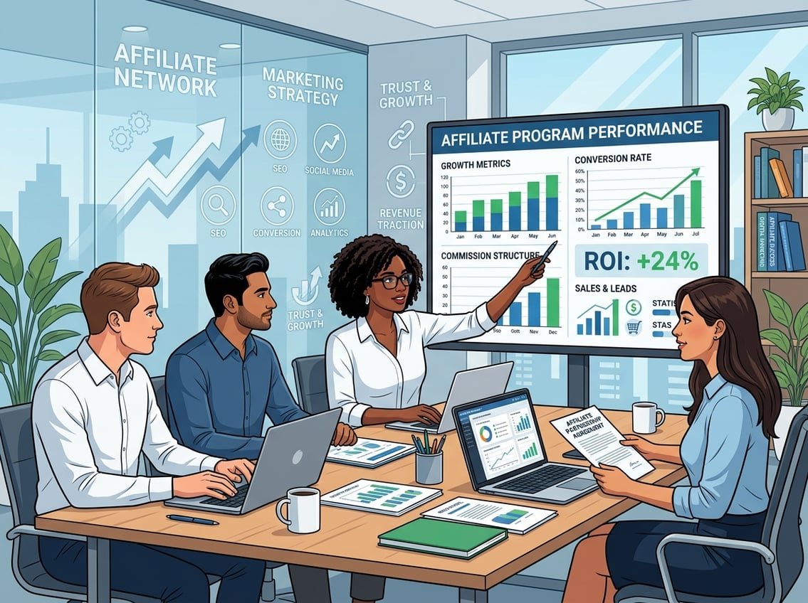 A group of people discussing marketing data around a table with laptops and charts in a business meeting setting.