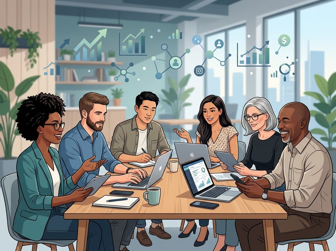 A diverse group of people in a modern office collaborating around laptops and digital devices, with abstract icons representing growth and connections in the background.