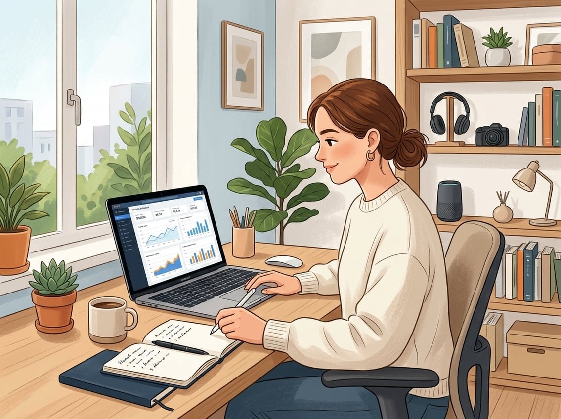 A young person working on a laptop at a desk in a bright home office with plants and books around.