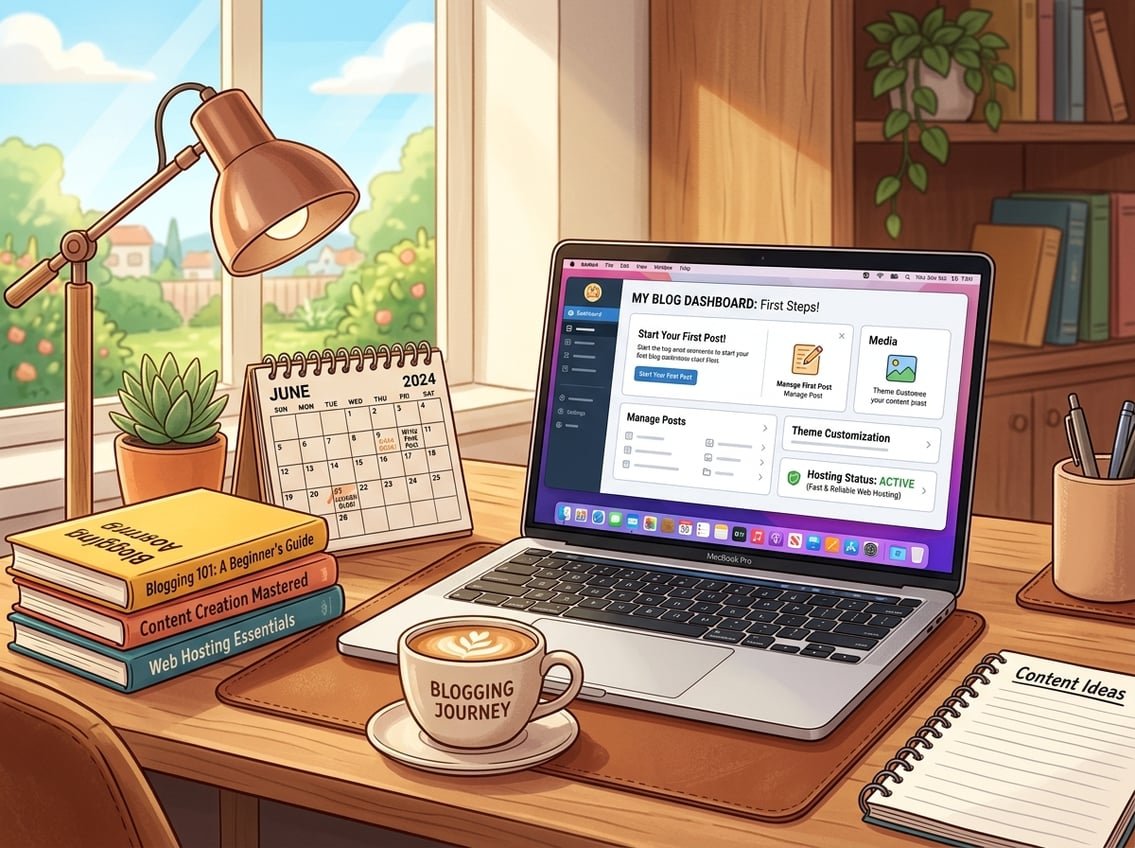 A workspace with a laptop on a desk, books, a coffee cup, and a calendar, suggesting a new blogger starting their work.