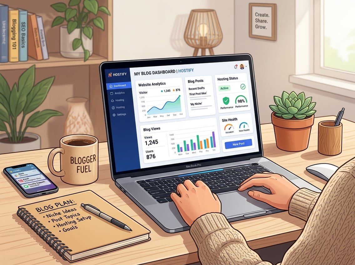 A workspace with a laptop showing a website dashboard, a notebook, coffee cup, smartphone, and a small plant on a clean desk.
