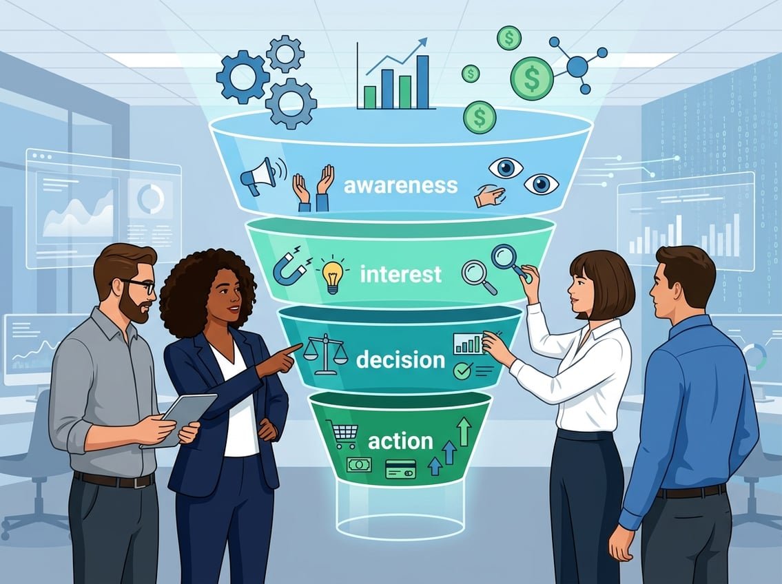 A group of professionals working together around a large transparent funnel with layers representing marketing stages, surrounded by icons of charts, gears, and dollar signs in a modern office setting.