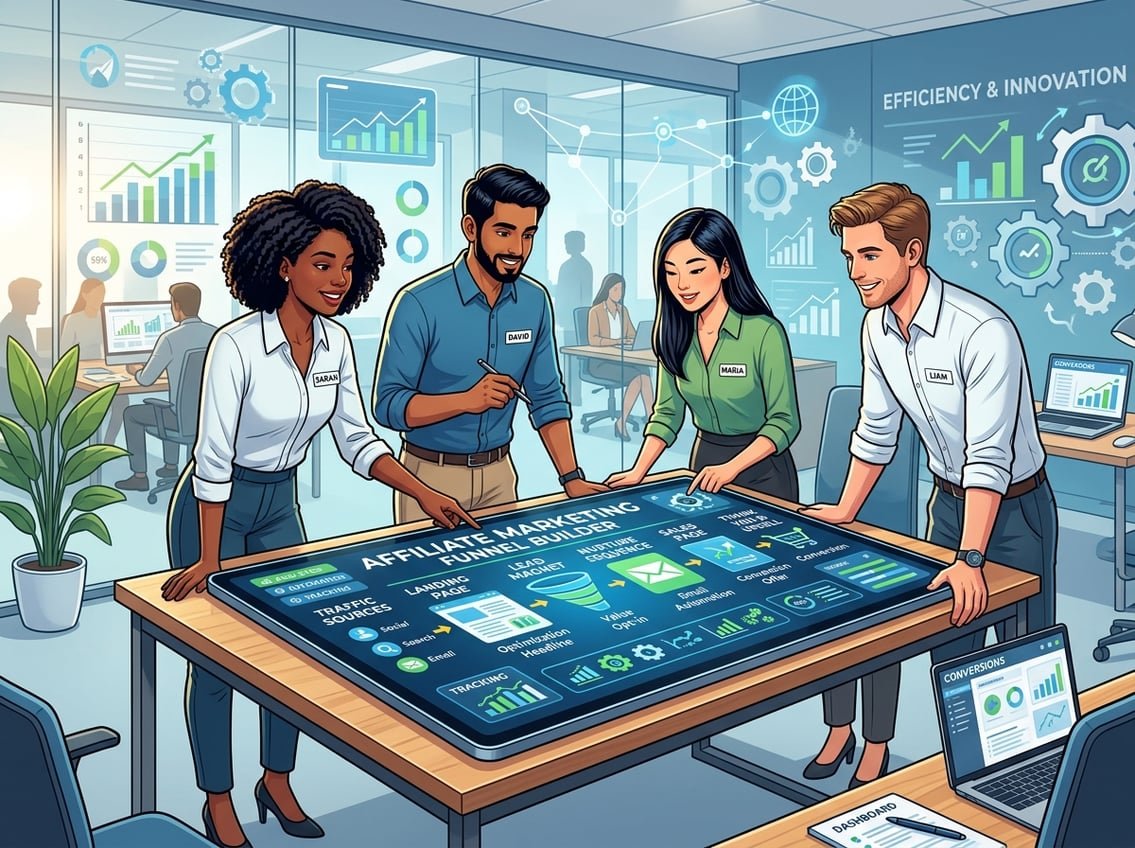 A group of professionals working together around a digital touchscreen displaying a sales funnel and marketing icons in a modern office.