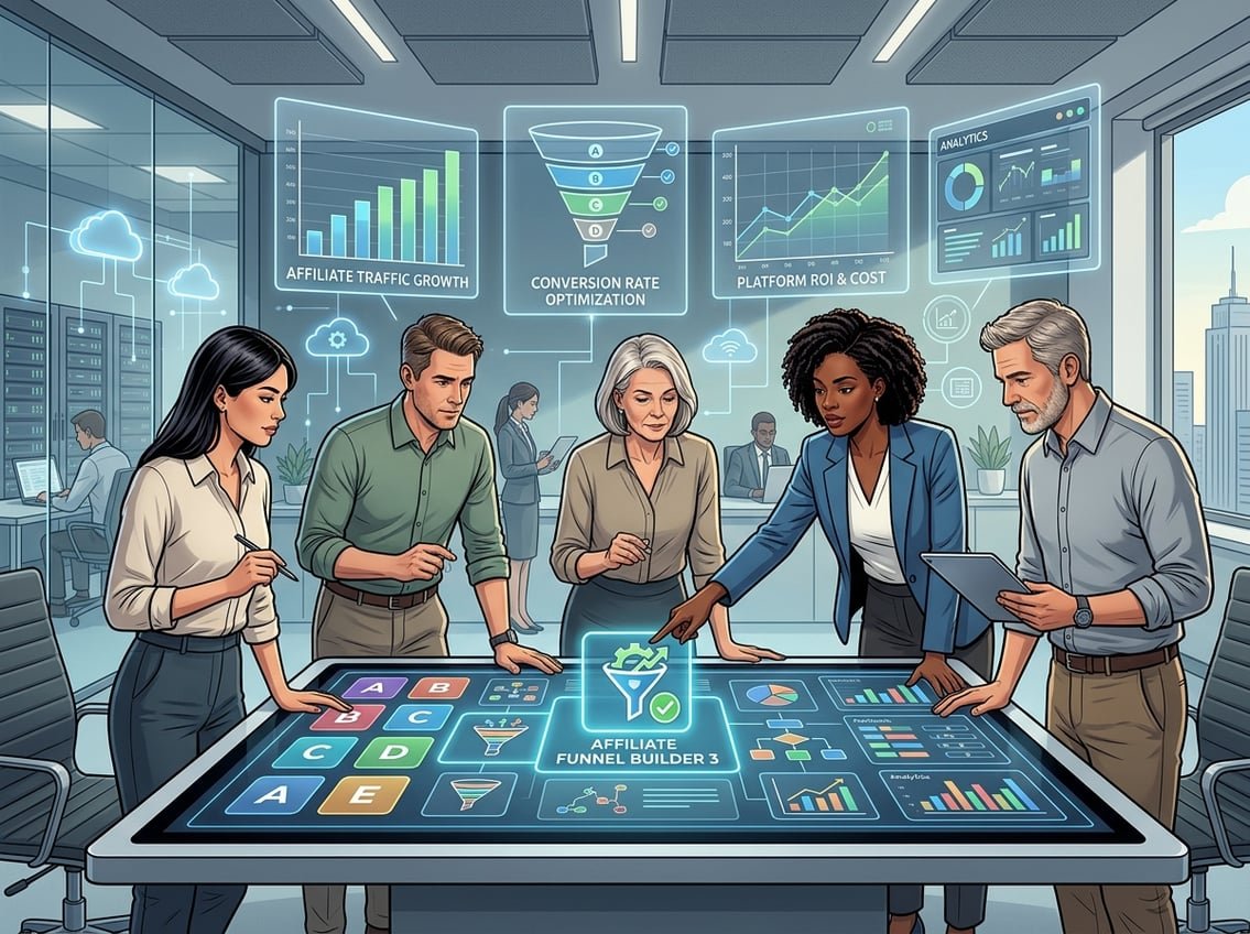 A group of business professionals collaborating around a digital table displaying platform icons and funnel diagrams in a modern office.