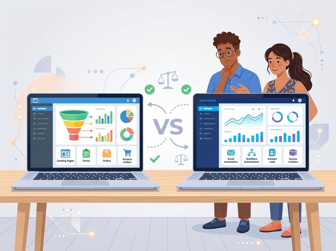 Two people looking at two laptops side by side, each showing different digital marketing dashboards for beginners to compare.
