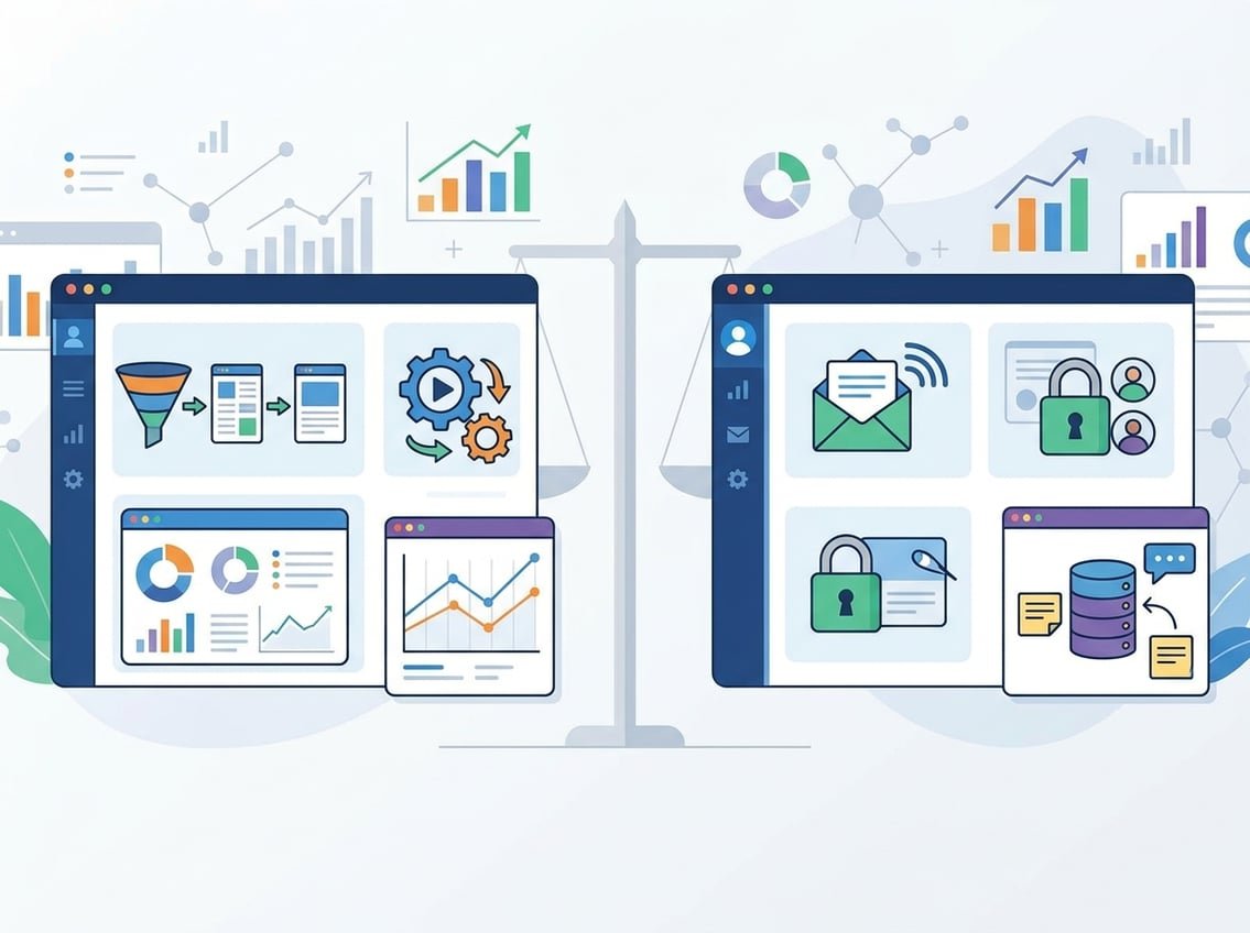 Two digital workspaces side by side showing different online business tools and features, representing a comparison between two platforms for new online business builders.