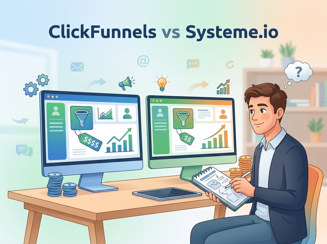 A person comparing two computer screens showing simplified dashboards for two marketing platforms, surrounded by icons representing pricing and value.