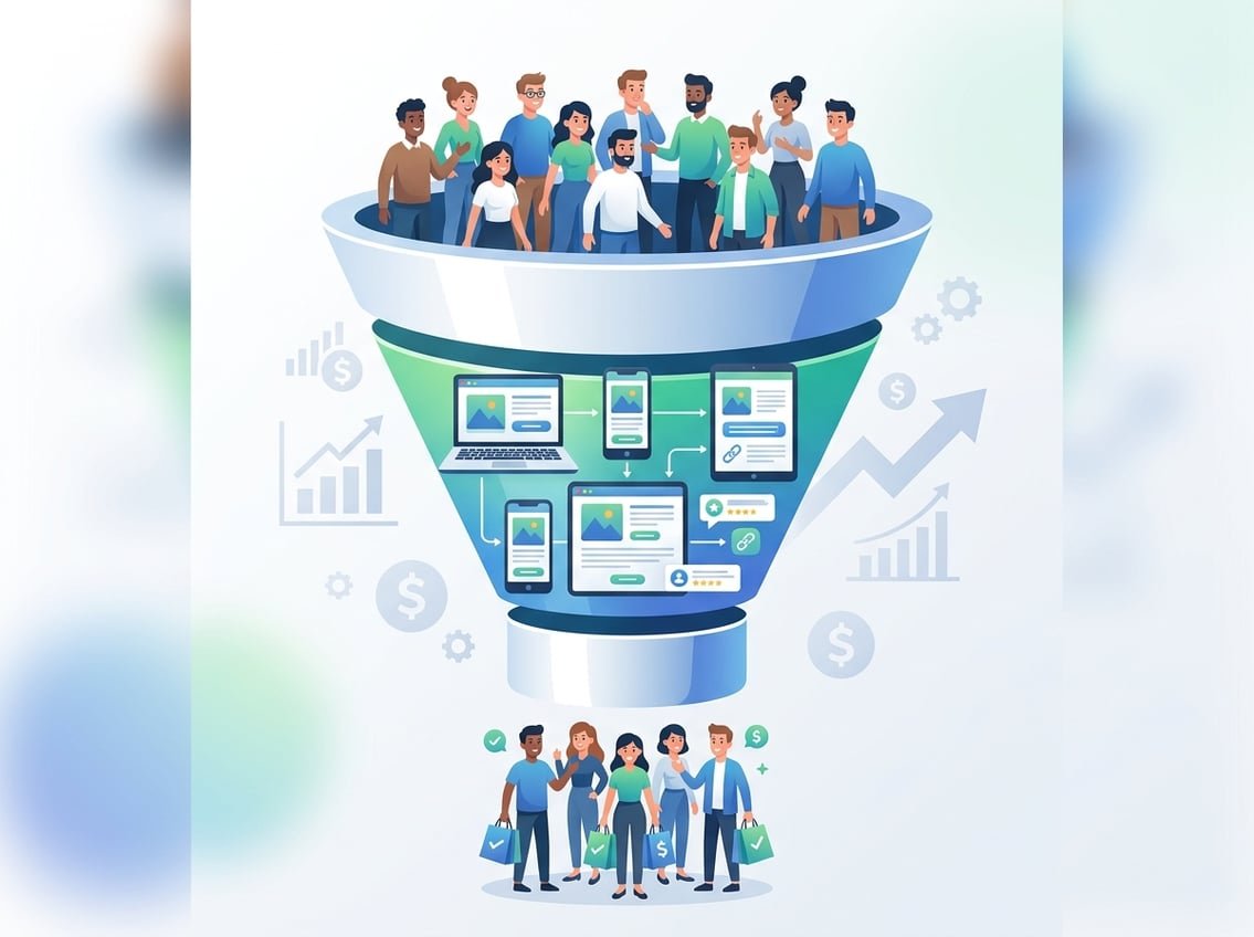 Illustration of a funnel showing people entering at the top, digital devices in the middle displaying affiliate content, and happy customers at the bottom representing successful conversions.