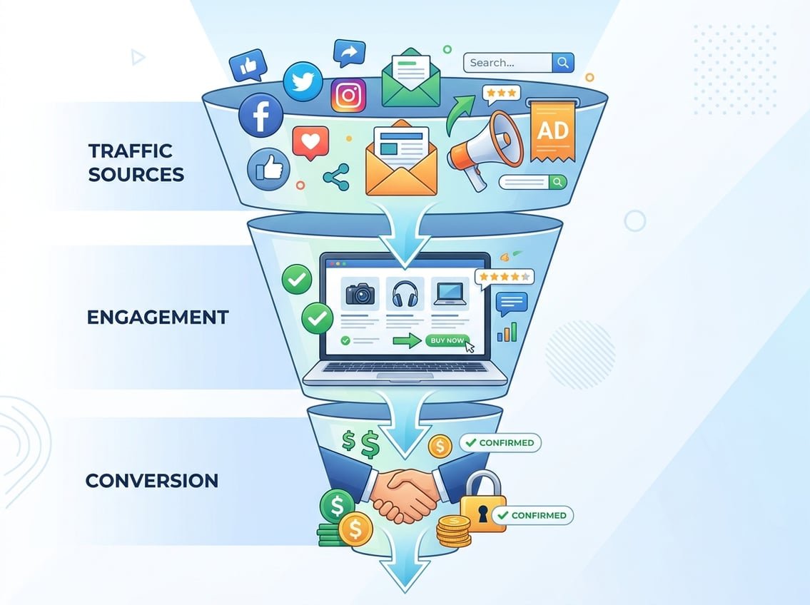 A clean illustration of a three-stage marketing funnel showing traffic sources at the top, engagement in the middle, and conversions at the bottom.