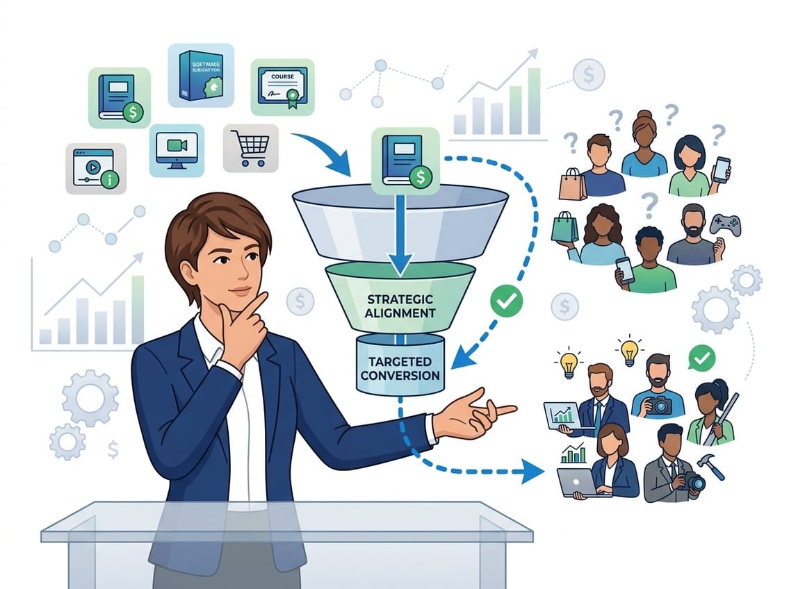 A businessperson analyzing different customer groups and a funnel diagram representing selecting the right offer and audience for affiliate marketing.