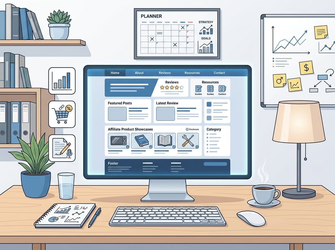 A clean workspace with a computer showing a website layout divided into multiple sections, surrounded by icons representing analytics, affiliate products, and content creation tools.