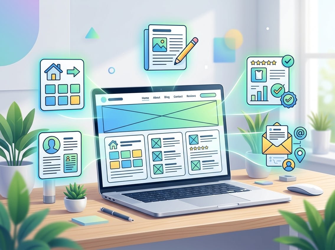 A workspace with a laptop showing a website layout and floating icons representing different web pages needed for an affiliate blog.