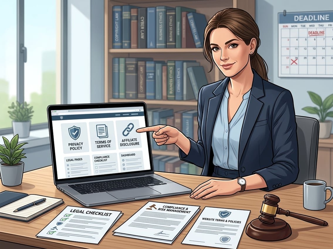 A person pointing at a laptop screen showing icons for legal pages, surrounded by law-related documents and symbols in a professional workspace.