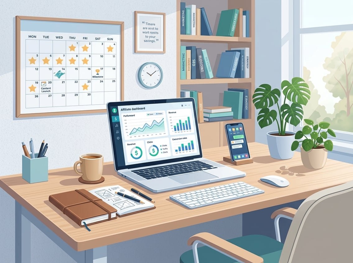 Workspace with a laptop showing charts and graphs, surrounded by notebooks, a coffee cup, a smartphone, a calendar, books, and a plant.