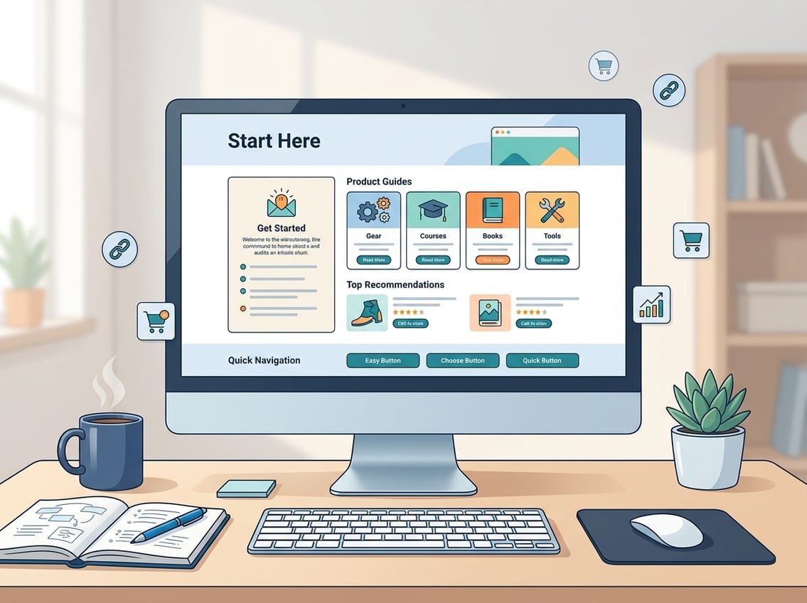 A clean workspace with a computer showing a clear website layout for a start here page, surrounded by blogging and affiliate marketing items.