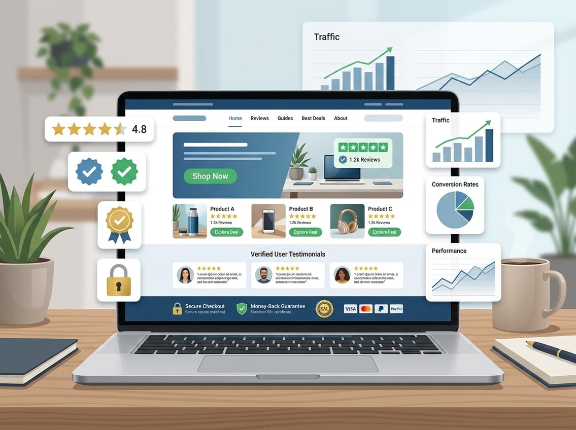 A workspace with a laptop showing a webpage layout surrounded by icons representing trust and website performance.