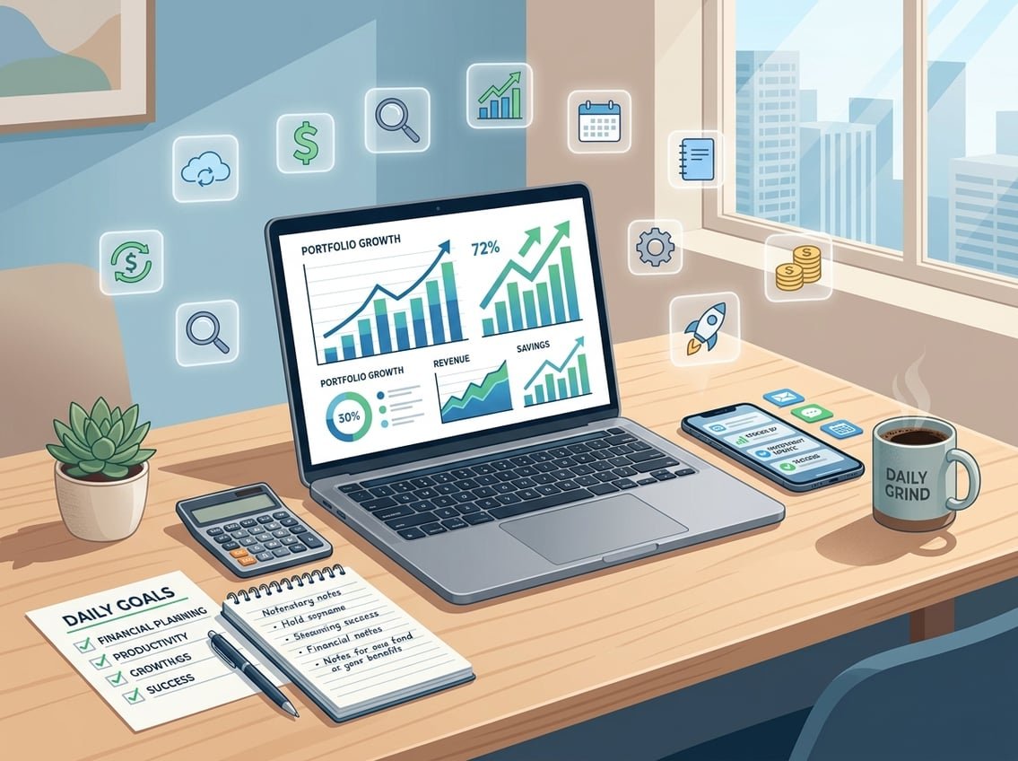 A tidy workspace with a laptop showing financial charts, a smartphone, a calculator, and a notepad on a desk with soft natural light.