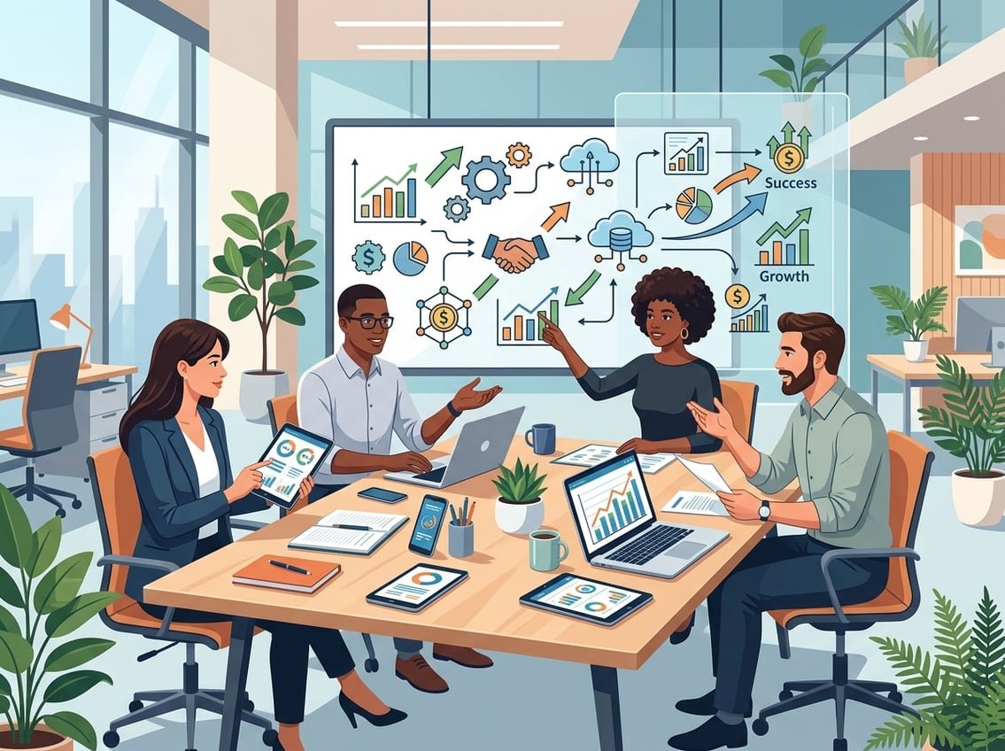 A group of business professionals collaborating around a table with digital devices and a large screen showing business growth and tool integration symbols.
