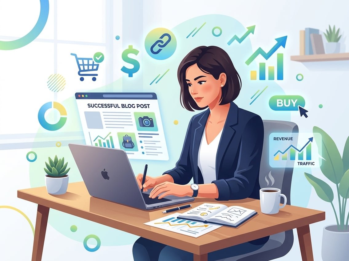 A person working at a desk with a laptop surrounded by notes and icons representing affiliate marketing and blog content creation.