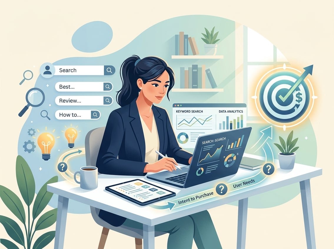 A person working at a desk with a laptop, surrounded by icons representing search intent and a clear path leading to a single conversion goal symbol.