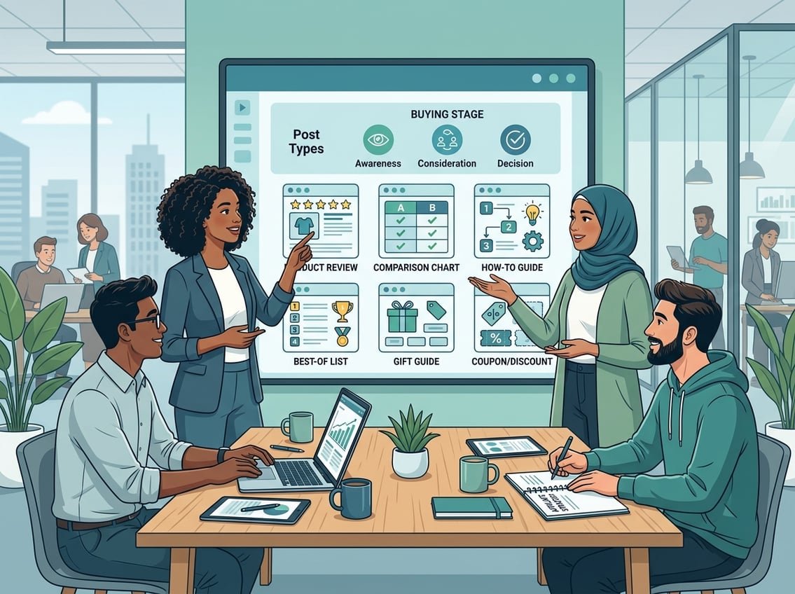 A group of people in an office discussing different types of blog posts displayed on a large screen, focusing on choosing the best post type for the buying stage.