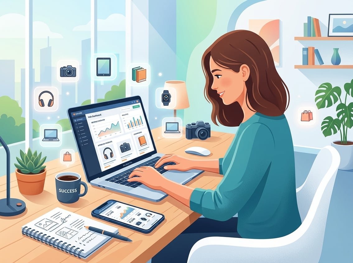 A person working at a desk with a laptop, smartphone, notebooks, and coffee, surrounded by icons of products representing online reviews and affiliate marketing.