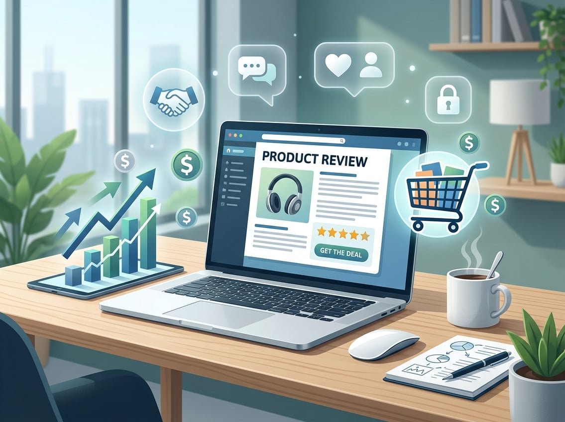 A workspace scene with a laptop showing a product review blog post, surrounded by icons of shopping carts, dollar signs, and upward graphs symbolizing sales growth.