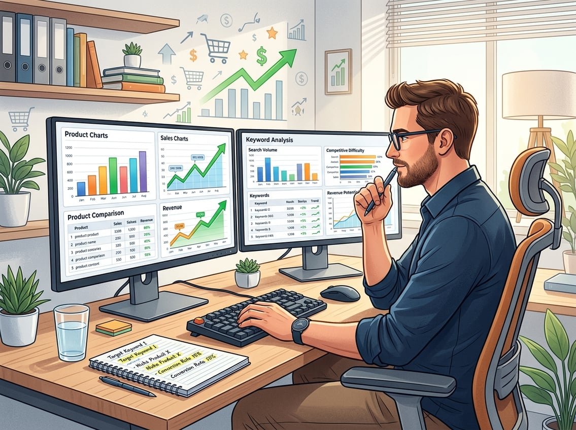A person at a desk reviewing product charts and keyword data on computer screens, surrounded by graphs and marketing icons.
