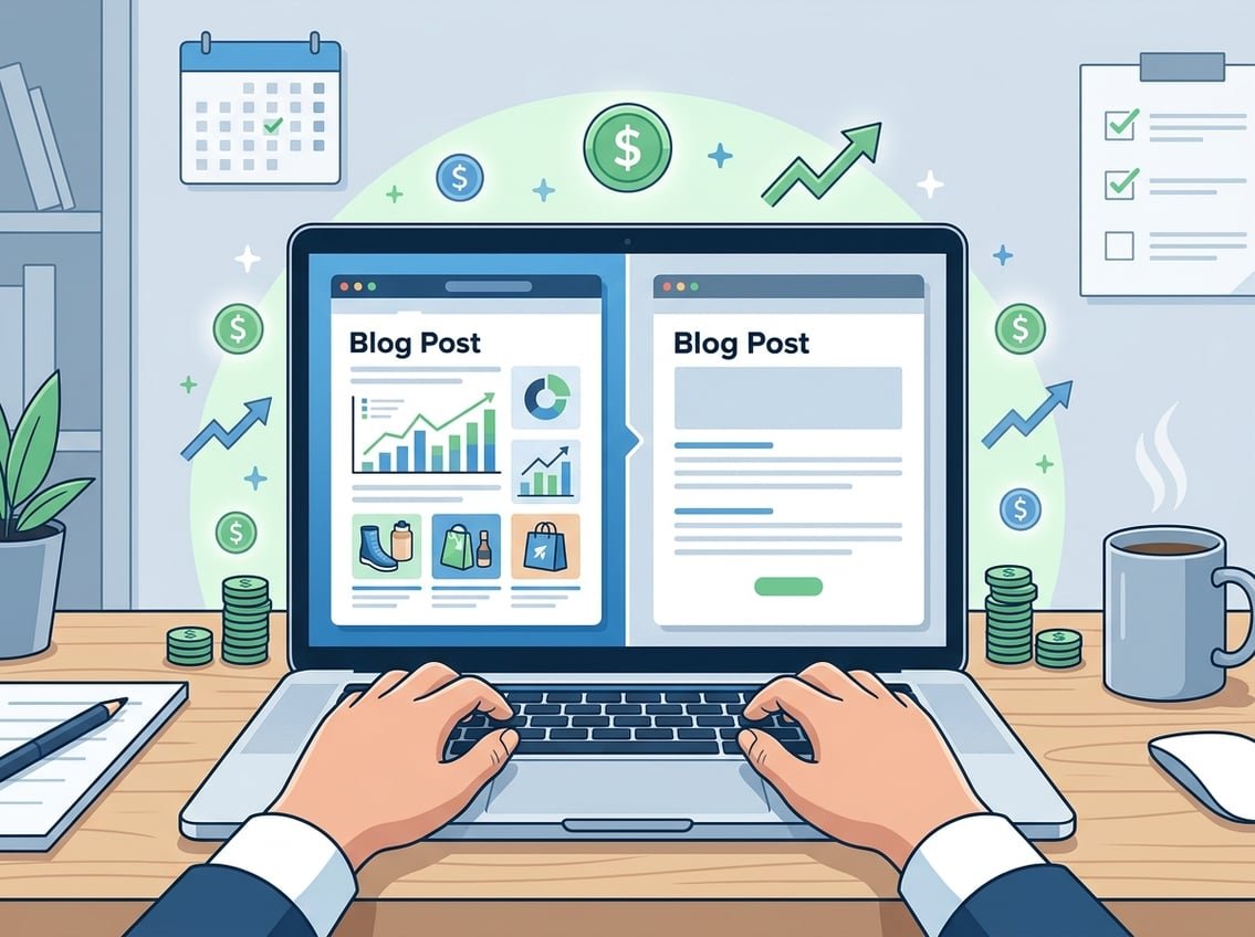 A workspace with a laptop showing two different blog post layouts side by side, surrounded by symbols of earnings like dollar signs and upward arrows.