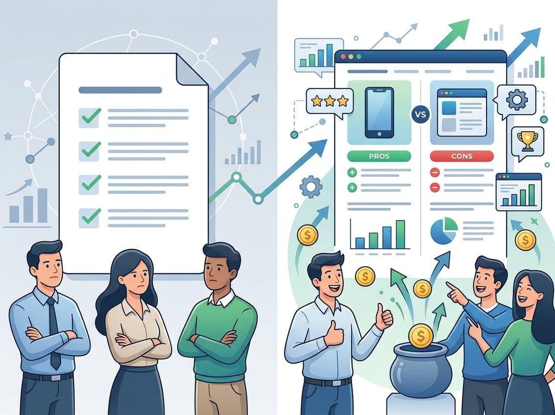 Two side-by-side panels showing a plain review with little engagement on the left and a lively product comparison with more viewers and symbols of commissions on the right.