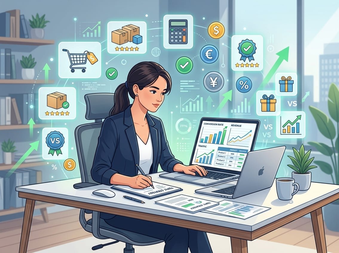 A person at a desk analyzing charts on a laptop with floating icons representing comparison topics and commission growth symbols around them.