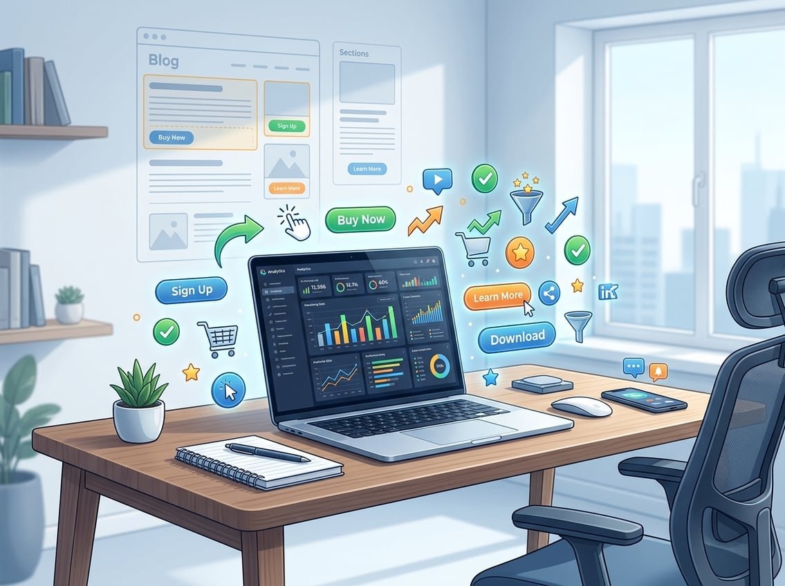 A modern workspace with a laptop showing analytics and floating icons representing call to action elements around it.