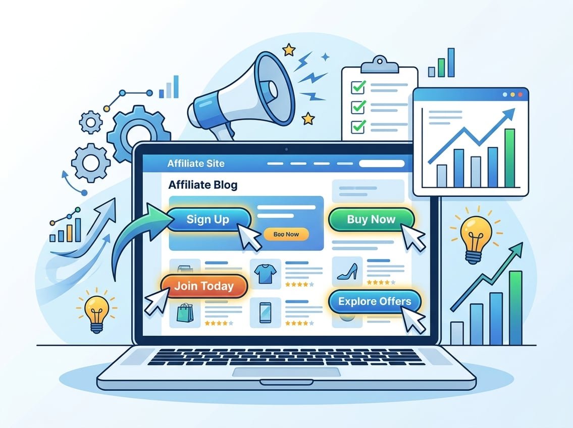 A laptop displaying a blog with highlighted clickable buttons, surrounded by icons representing marketing, checklists, and growth charts.