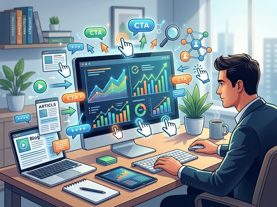 A modern workspace with a computer showing charts and icons representing successful call to action strategies for affiliate marketing.