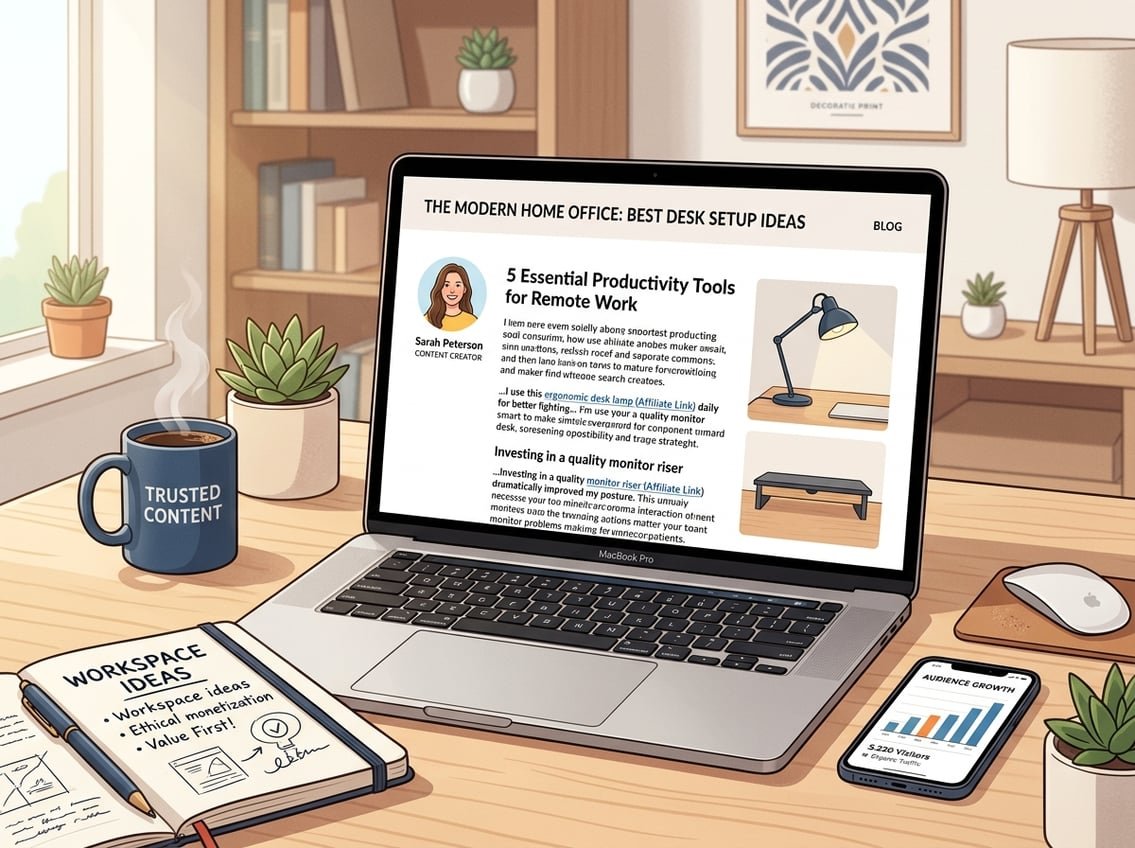 A workspace with a laptop displaying a blog post featuring naturally integrated affiliate links, surrounded by a coffee cup, notebook, and smartphone with charts.