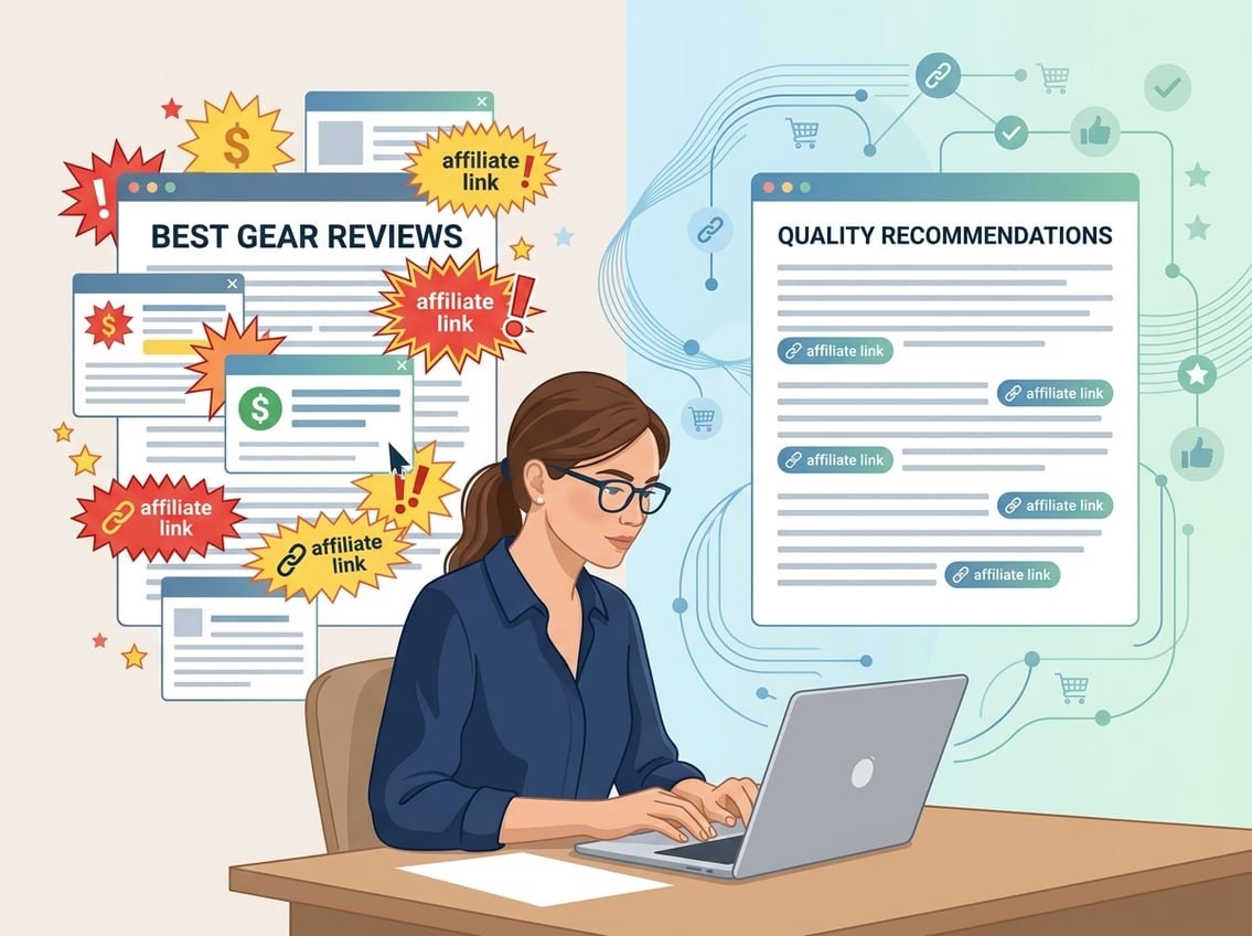 A content creator at a desk with a laptop, showing a contrast between cluttered spammy affiliate links and neat, well-integrated affiliate links in an article.