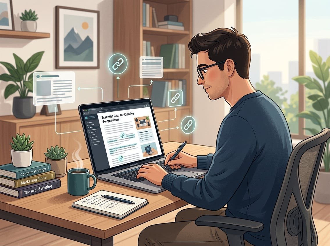 A person working at a desk with a laptop, surrounded by notes and books, symbolizing thoughtful content creation with natural link integration.