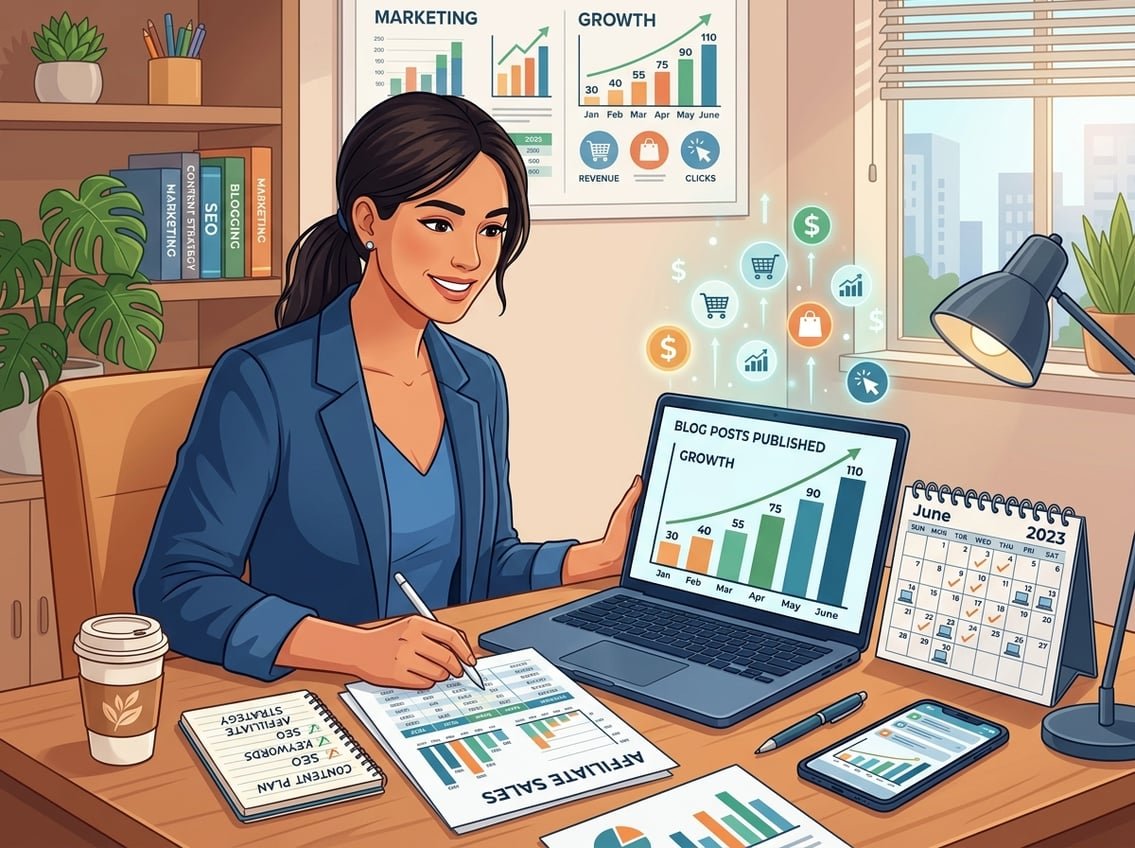 A person at a desk reviewing charts on a laptop that show increasing blog posts and affiliate sales progress.