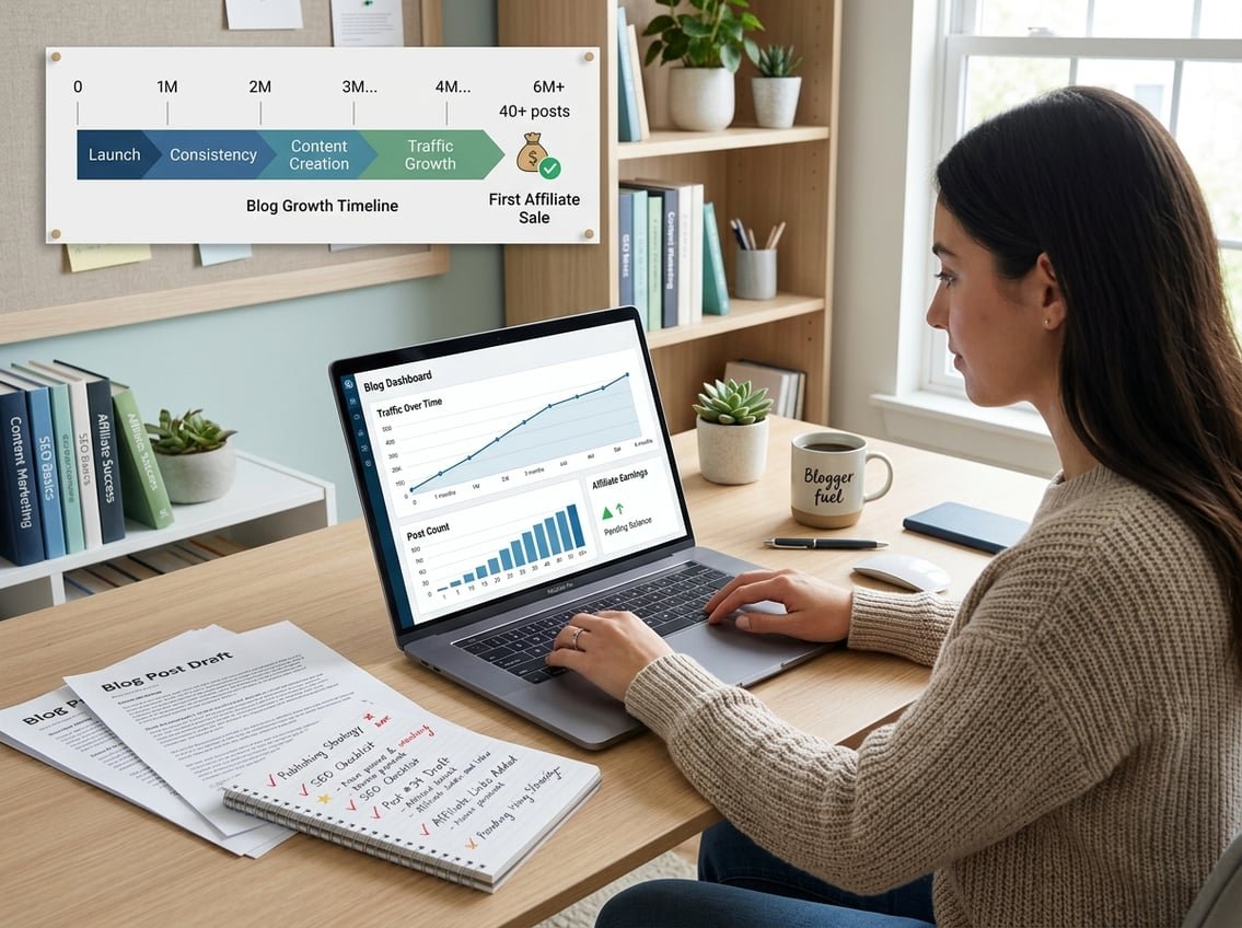 A workspace with a laptop showing graphs and charts, surrounded by blog post drafts and a progress timeline representing the journey to the first affiliate sale.