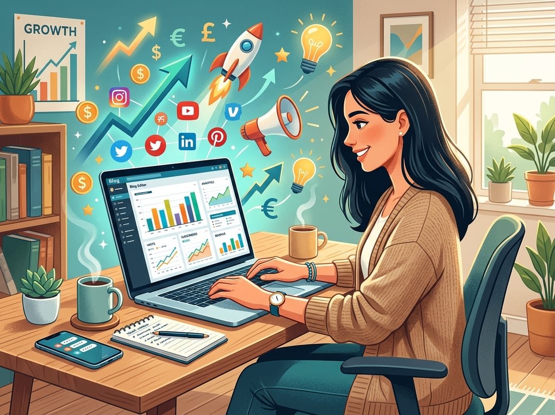 A person working at a desk with a laptop showing a blog interface, surrounded by symbols of online business growth like charts, arrows, and social media icons.