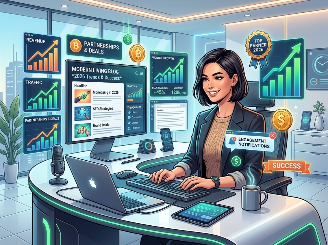 A person working at a modern desk with multiple digital screens showing charts and blog content, surrounded by symbols of online business success.